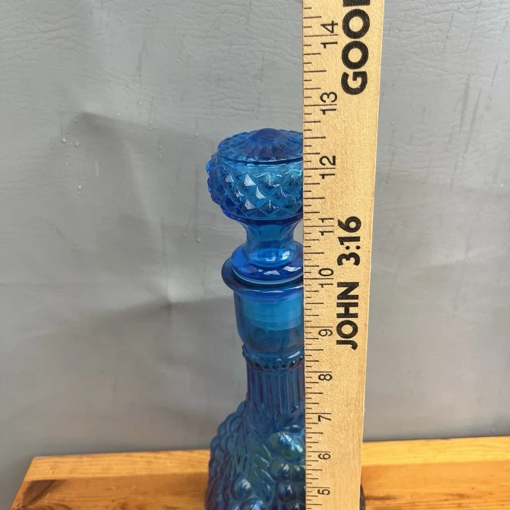 Imperial Blue Glass Decanter w Grape Pattern Genie Bottle Vintage MCM Stopper